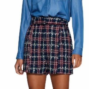 Walter Baker size 12 blue & red plaid boucle’ high rise 2.5” inseam lined shorts